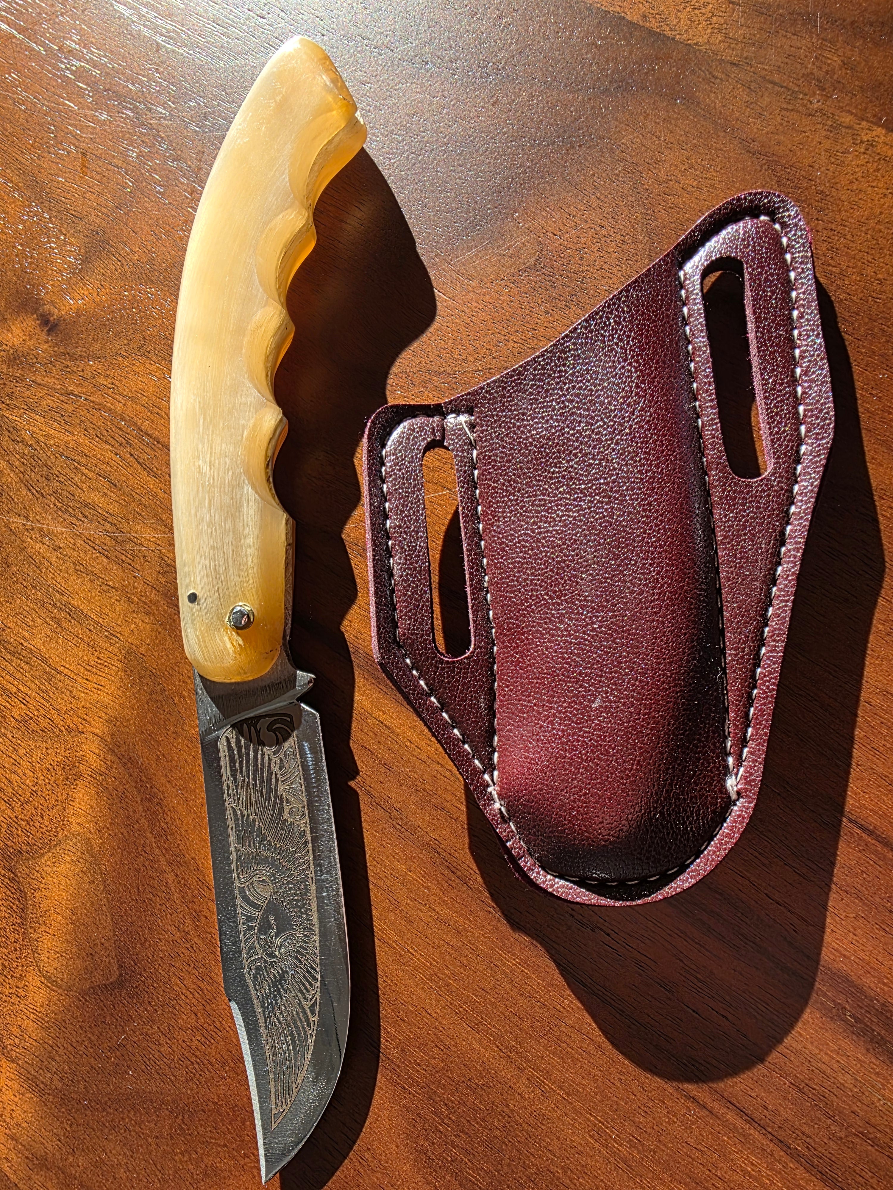 Taschenmesser SIVAS Slipjoint Klinge eine Seite Adlergravur andere Seite Blank inkl. Lederetui.