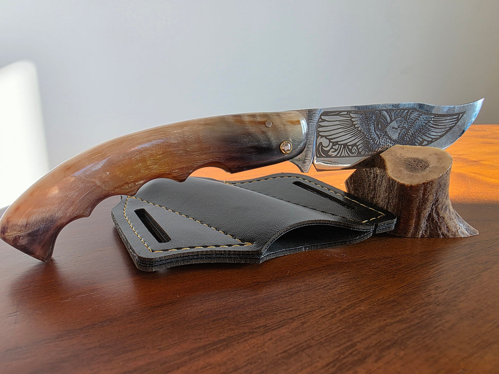 Taschenmesser SIVAS Slipjoint Adler gravur und Harley Davidson schrift andere Seite der Klinge inkl. Lederetui