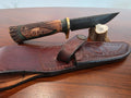 Bushcraft Messer, Karbonstahl stabilisiertem Griff Walnuss mit Gravur, inkl.Lederetui.
