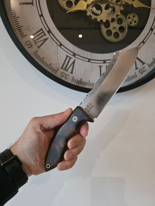 Buschkraft Messer ,N690 Stahl,Walnuss Griff inkl Lederetui + Eisenstab