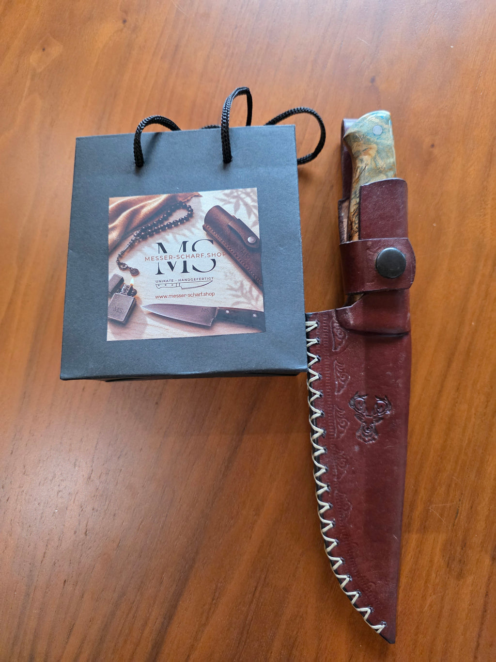 Bushcraft Messer, stabilisierter Burlgriff, Kupfer Sanmai Stahl inkl. Lederetui.