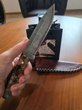 Bushcraft Messer, stabilisierter Burlgriff, Kupfer Sanmai Stahl inkl. Lederetui.